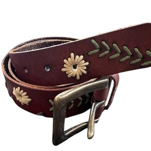 Sundance Brown Leather Belt with Floral Design